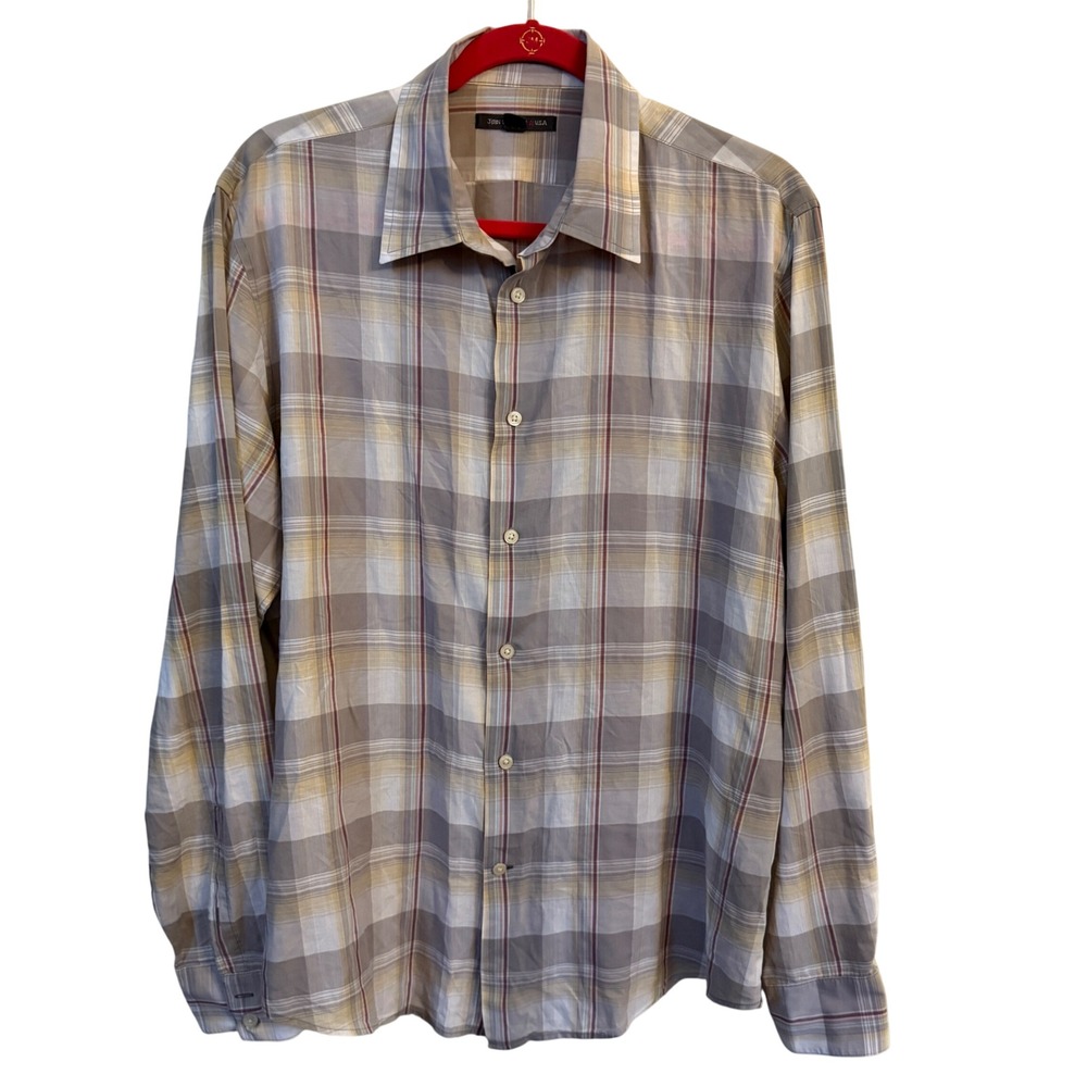 John Varvatos Star USA L Plaid Button Down Shirt Gray‎ Beige Red Check Casual